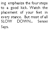 Text Box: ing  emphasize the four steps to a good kick. Watch the placement of your feet in every stance.  But most of all SLOW DOWN... Sensei Says.